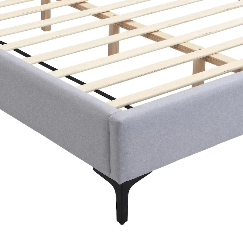 Grey Linen Platform Bed Upholstered Wingback Big Frame Bed with Bedside Lights and Shelves Storage Bed, Chic Panel Bed