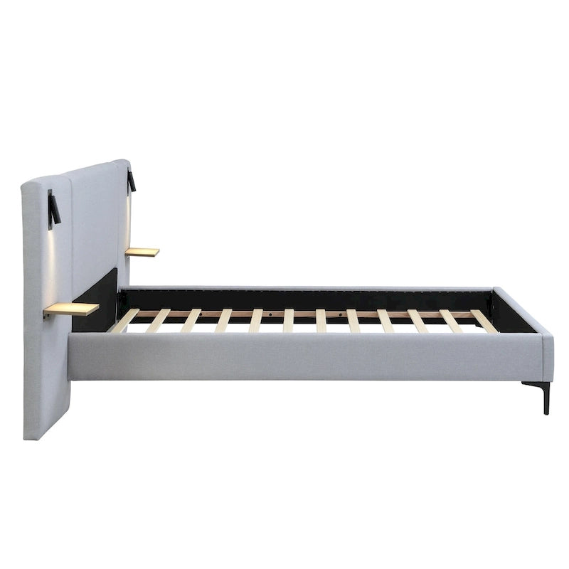 Grey Linen Platform Bed Upholstered Wingback Big Frame Bed with Bedside Lights and Shelves Storage Bed, Chic Panel Bed