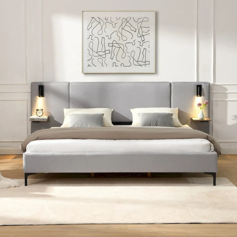Grey Linen Platform Bed Upholstered Wingback Big Frame Bed with Bedside Lights and Shelves Storage Bed, Chic Panel Bed