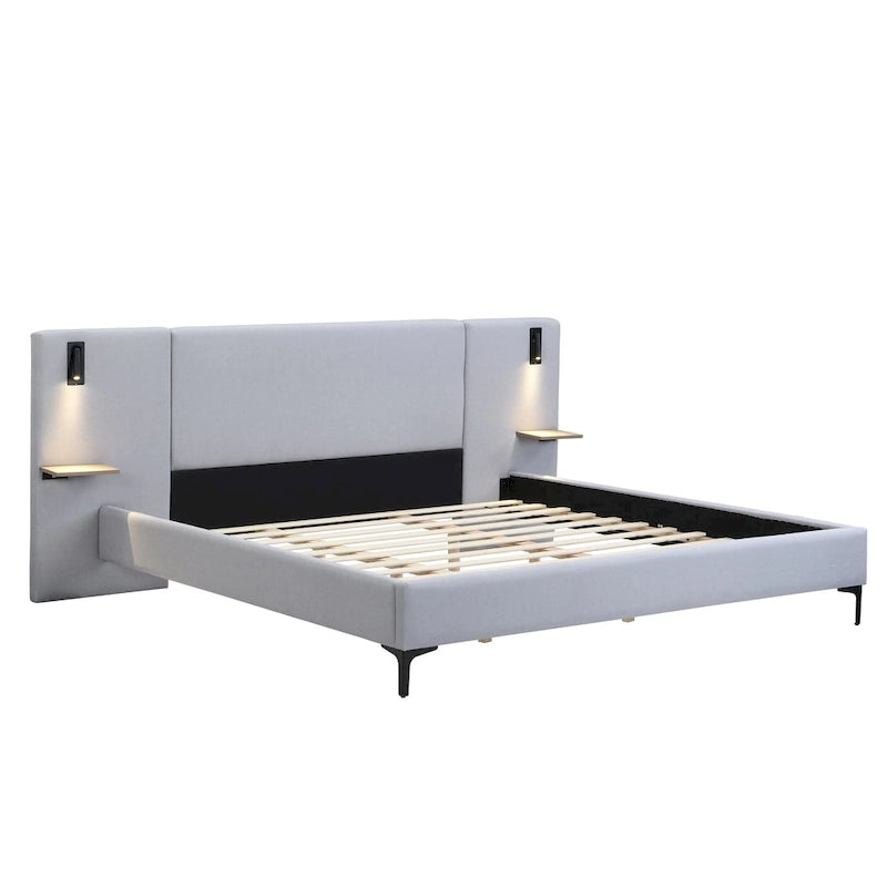 Grey Linen Platform Bed Upholstered Wingback Big Frame Bed with Bedside Lights and Shelves Storage Bed, Chic Panel Bed