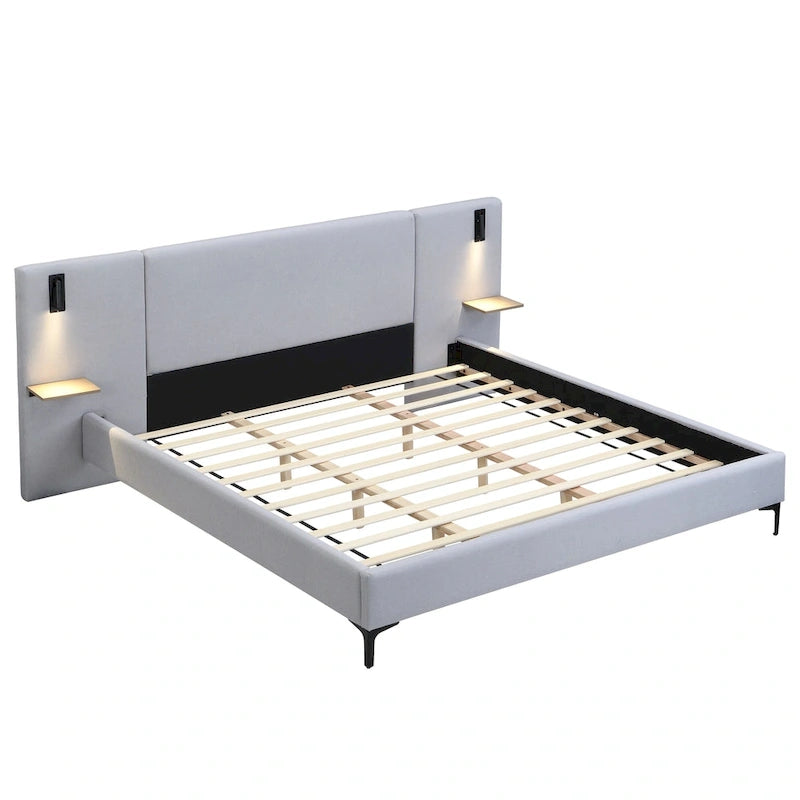 Grey Linen Platform Bed Upholstered Wingback Big Frame Bed with Bedside Lights and Shelves Storage Bed, Chic Panel Bed