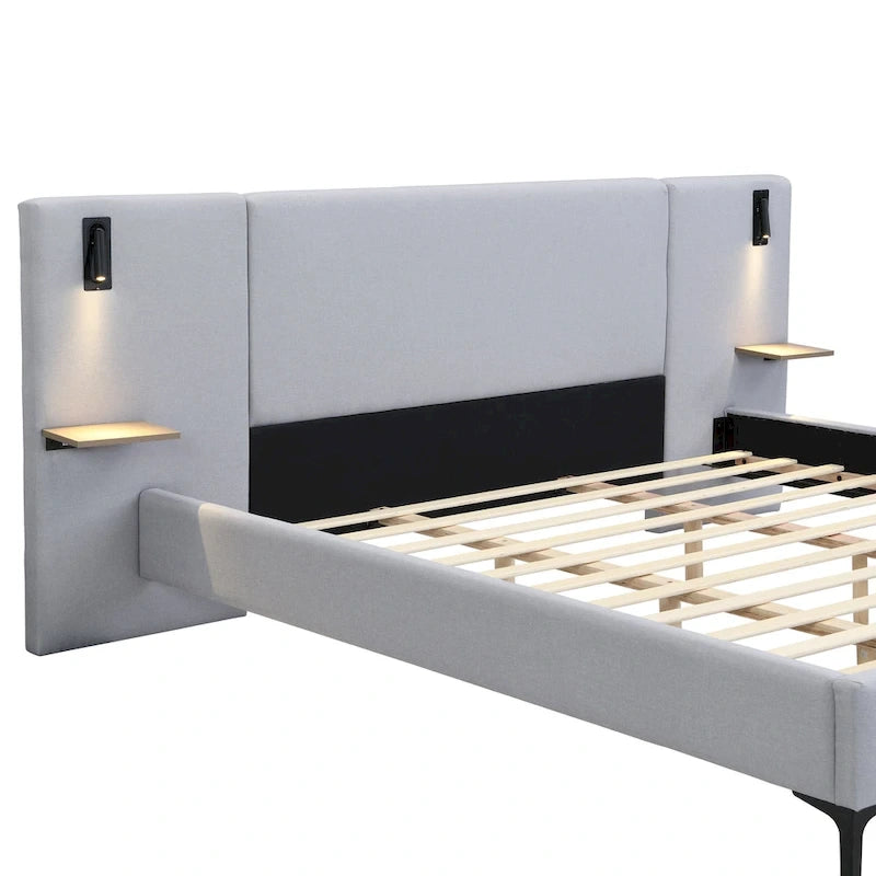 Grey Linen Platform Bed Upholstered Wingback Big Frame Bed with Bedside Lights and Shelves Storage Bed, Chic Panel Bed