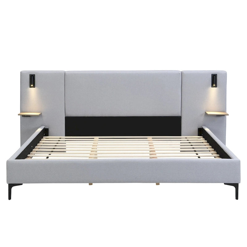 Grey Linen Platform Bed Upholstered Wingback Big Frame Bed with Bedside Lights and Shelves Storage Bed, Chic Panel Bed