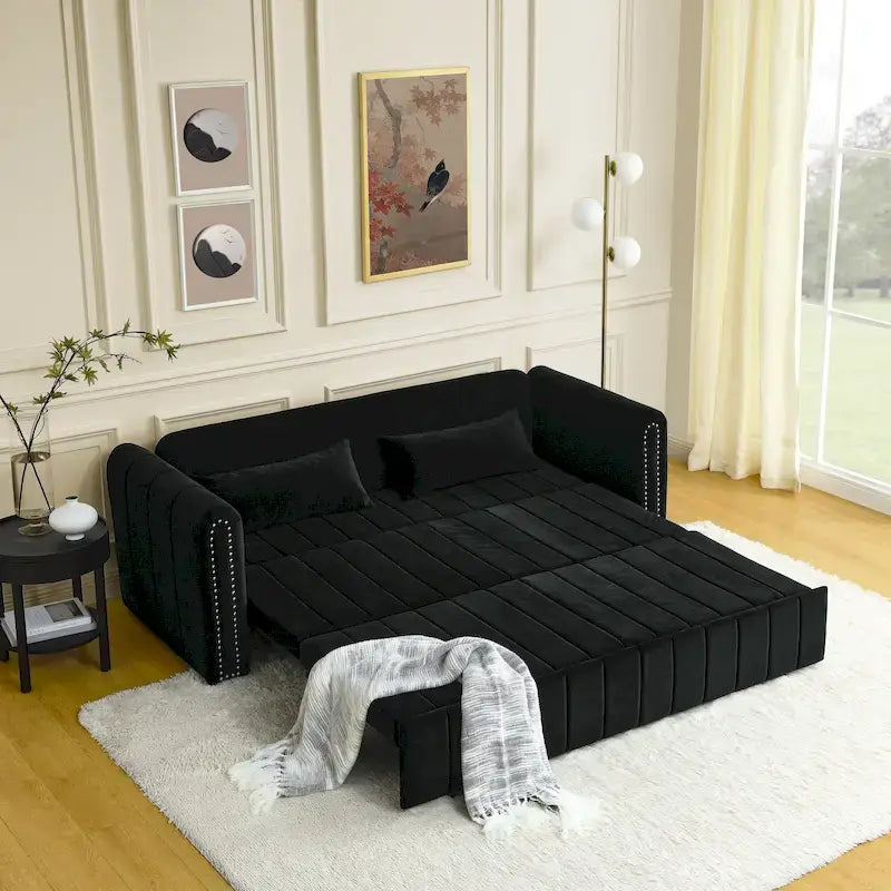 Modern Upholstered 3 in 1 Pull-Out Bed Sleeper w/ Rolled Arms Decorated & Copper Nails, Convertible Futon 3 Seats Daybed, Black