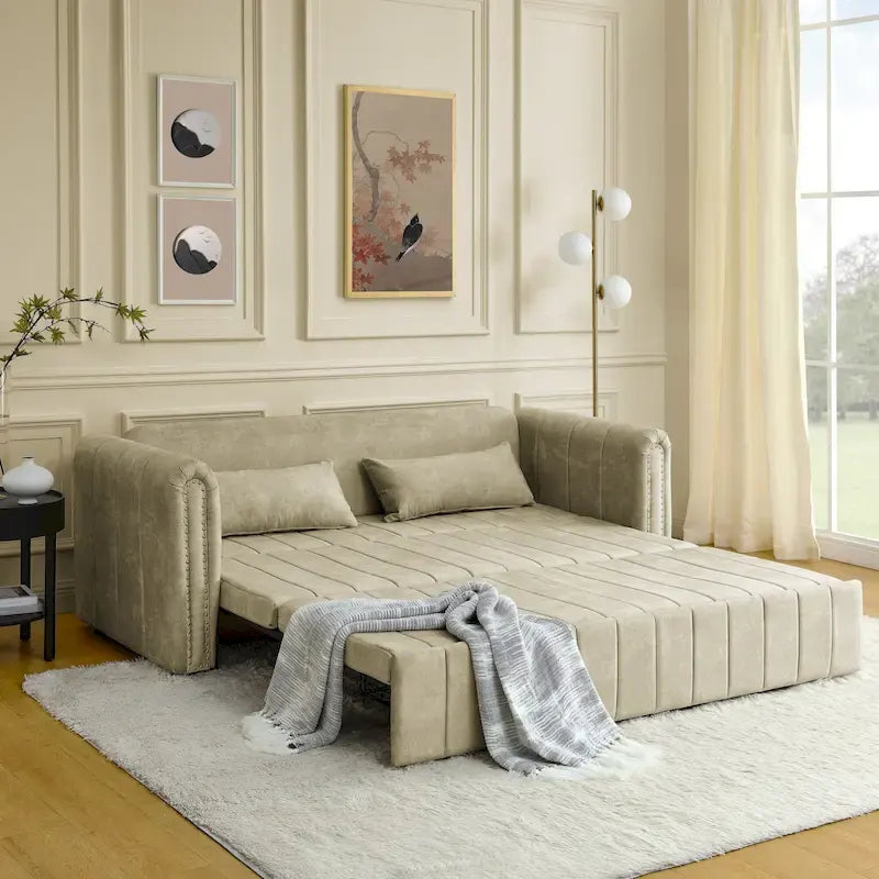 Modern Upholstered 3 in 1 Pull-Out Bed Sleeper w/ Rolled Arms Decorated & Copper Nails, Convertible Futon 3 Seats Daybed, Black