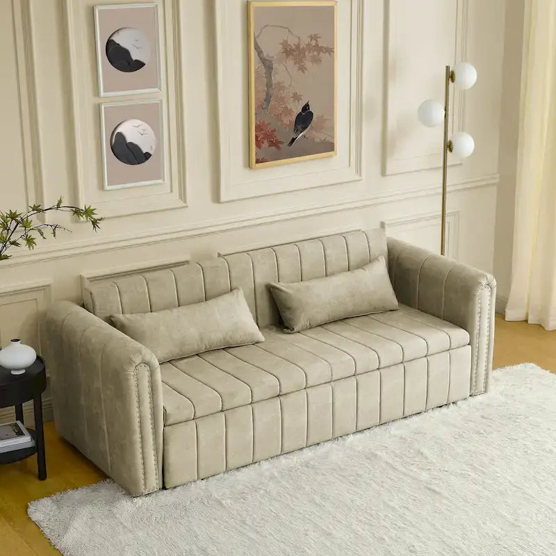Modern Upholstered 3 in 1 Pull-Out Bed Sleeper w/ Rolled Arms Decorated & Copper Nails, Convertible Futon 3 Seats Daybed, Black