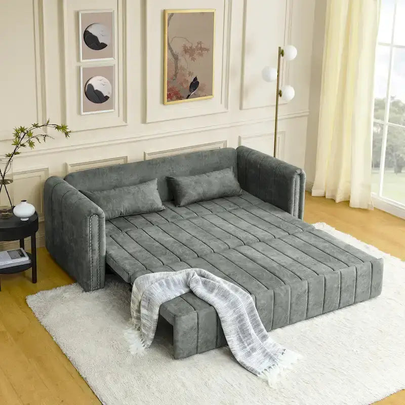 Modern Upholstered 3 in 1 Pull-Out Bed Sleeper w/ Rolled Arms Decorated & Copper Nails, Convertible Futon 3 Seats Daybed, Black