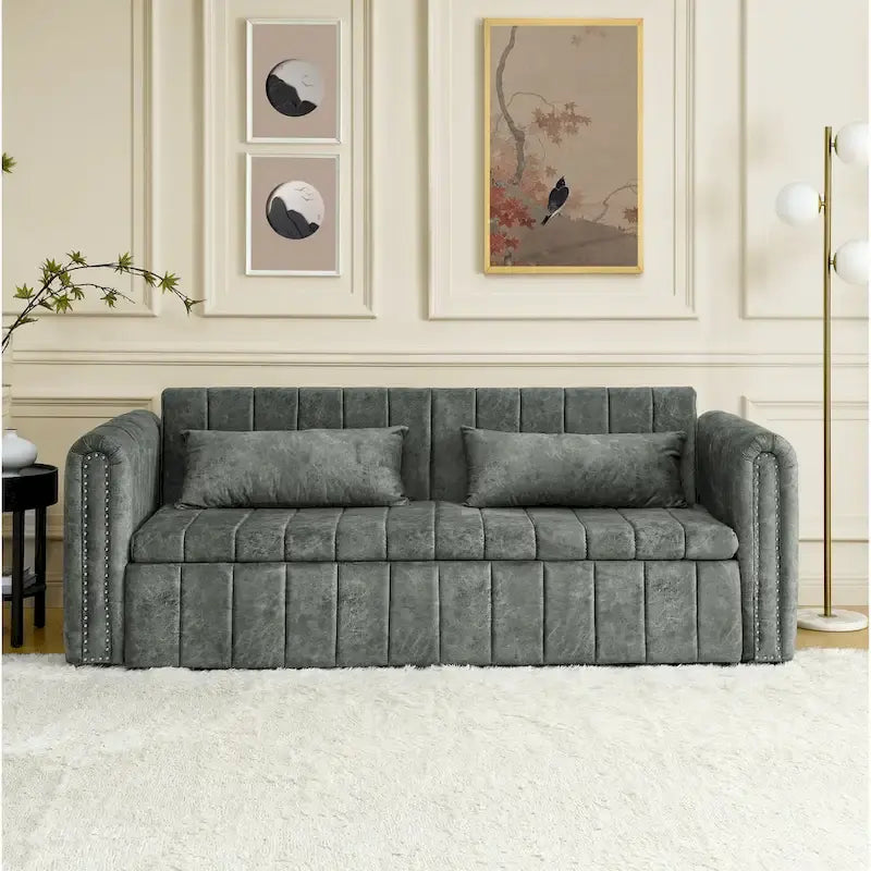 Modern Upholstered 3 in 1 Pull-Out Bed Sleeper w/ Rolled Arms Decorated & Copper Nails, Convertible Futon 3 Seats Daybed, Black