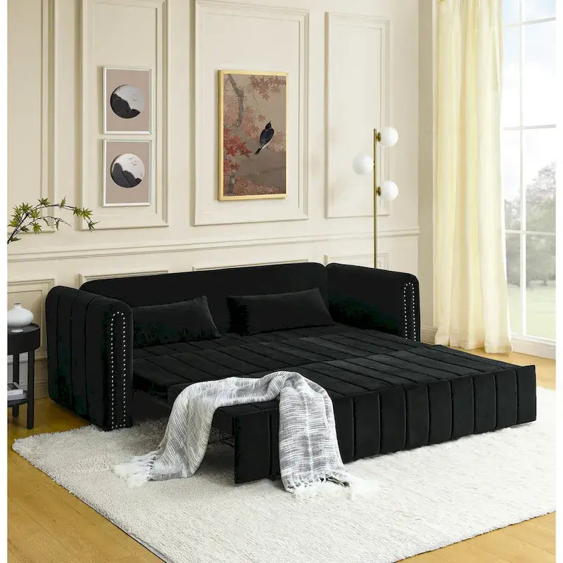 Modern Upholstered 3 in 1 Pull-Out Bed Sleeper w/ Rolled Arms Decorated & Copper Nails, Convertible Futon 3 Seats Daybed, Black