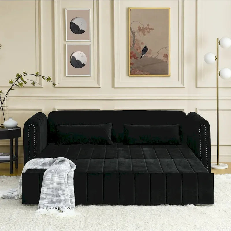 Modern Upholstered 3 in 1 Pull-Out Bed Sleeper w/ Rolled Arms Decorated & Copper Nails, Convertible Futon 3 Seats Daybed, Black