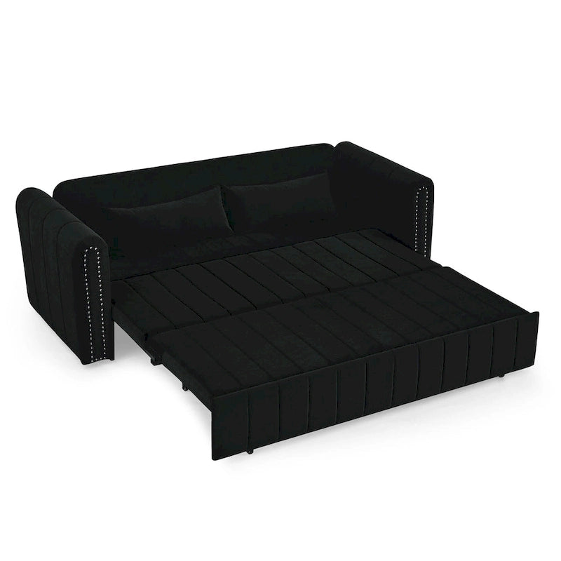 Modern Upholstered 3 in 1 Pull-Out Bed Sleeper w/ Rolled Arms Decorated & Copper Nails, Convertible Futon 3 Seats Daybed, Black