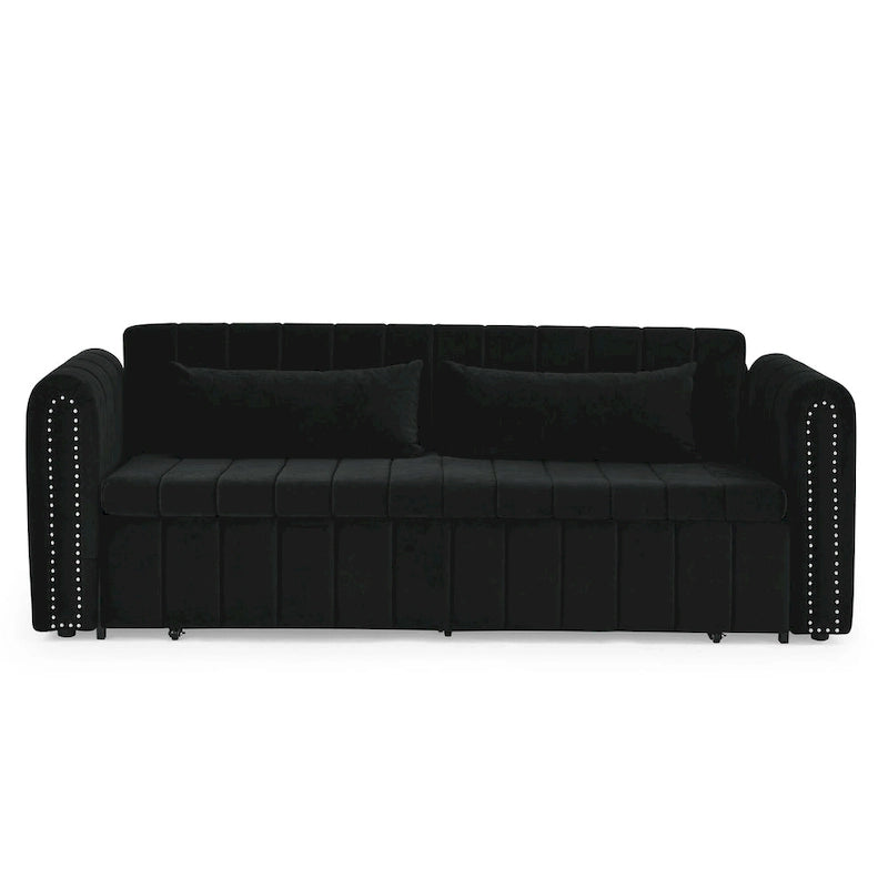 Modern Upholstered 3 in 1 Pull-Out Bed Sleeper w/ Rolled Arms Decorated & Copper Nails, Convertible Futon 3 Seats Daybed, Black