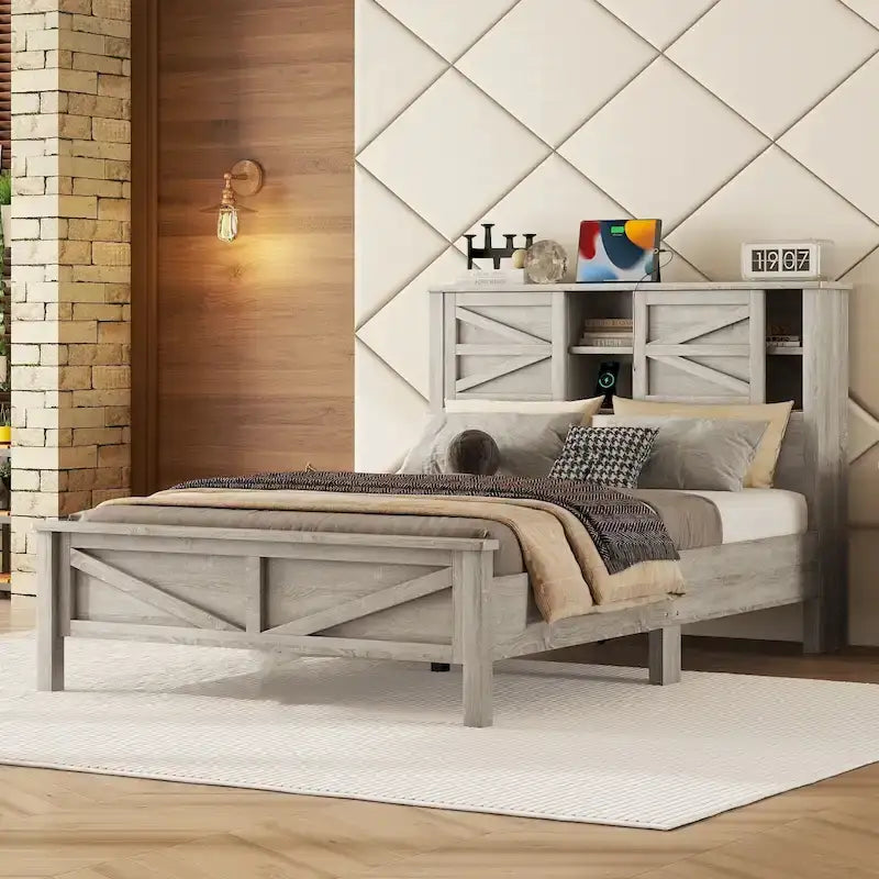 Farmhouse Platform Bed with Double Sliding Barn Door and Charging Station