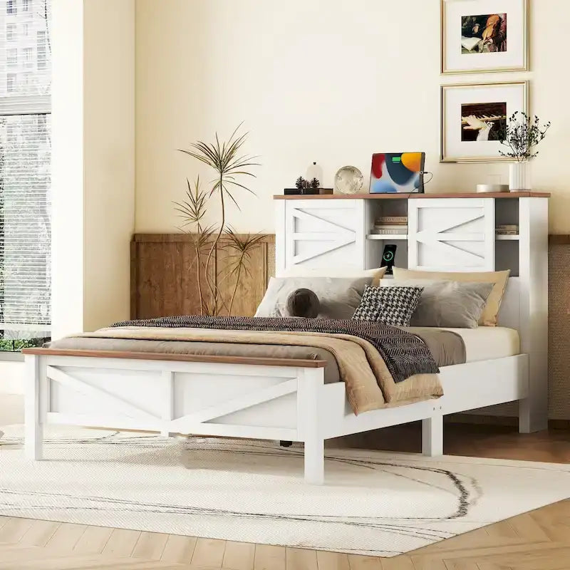Farmhouse Platform Bed with Double Sliding Barn Door and Charging Station