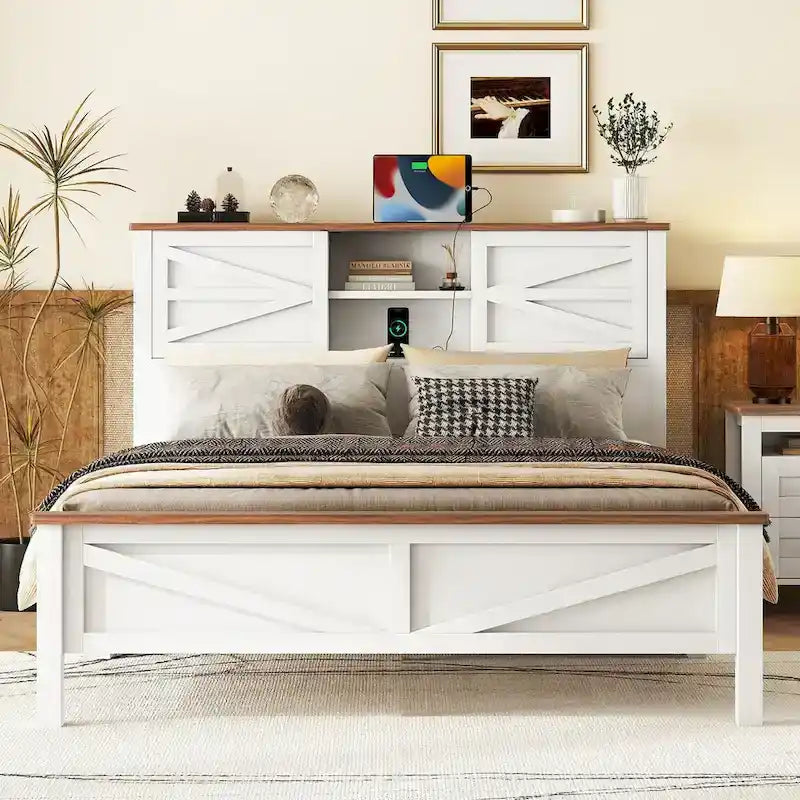 Farmhouse Platform Bed with Double Sliding Barn Door and Charging Station