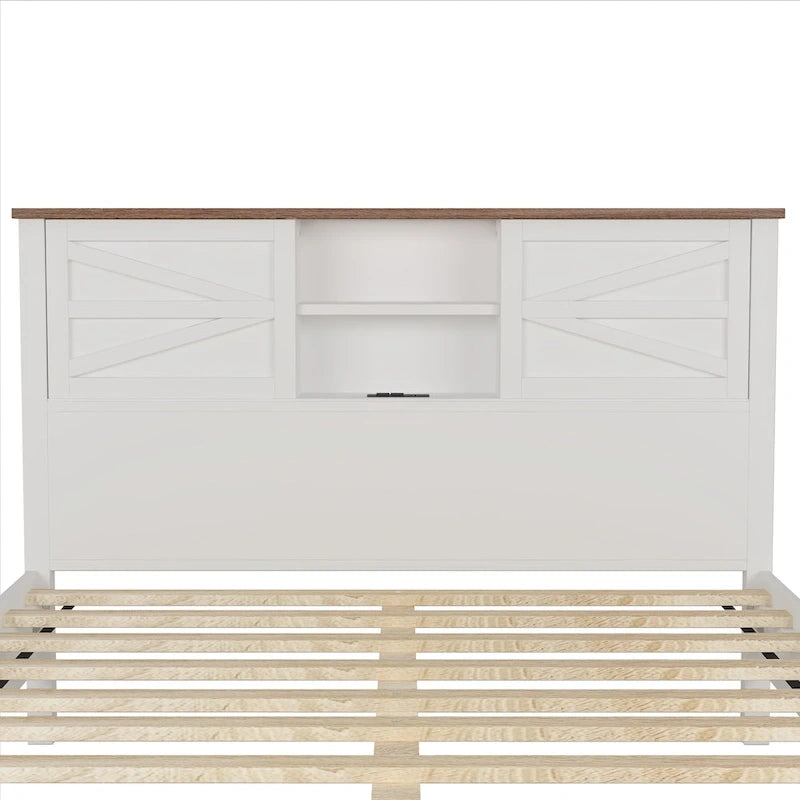Farmhouse Platform Bed with Double Sliding Barn Door and Charging Station