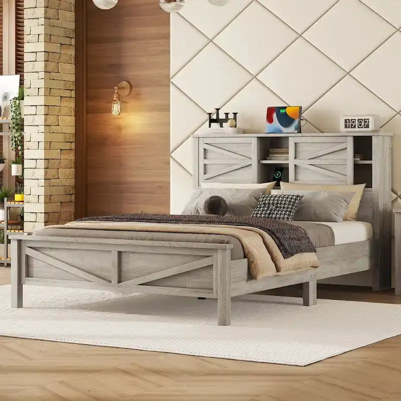 Farmhouse Platform Bed with Double Sliding Barn Door and Charging Station
