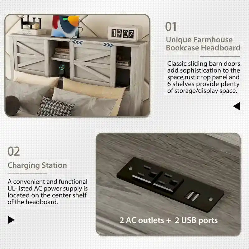 Farmhouse Platform Bed with Double Sliding Barn Door and Charging Station