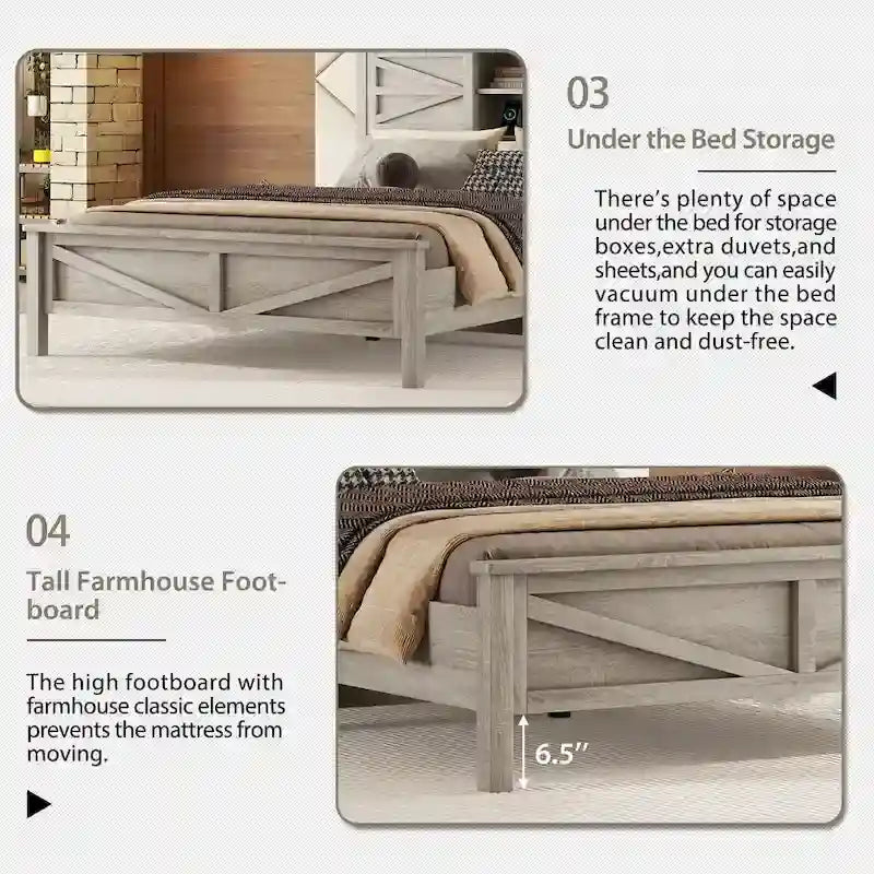 Farmhouse Platform Bed with Double Sliding Barn Door and Charging Station