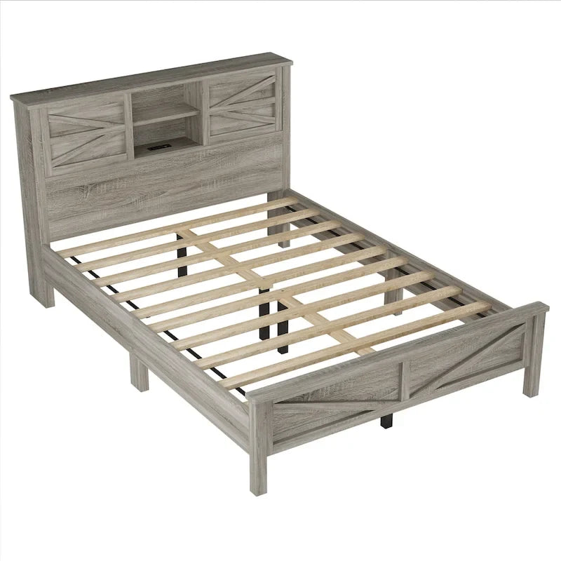 Farmhouse Platform Bed with Double Sliding Barn Door and Charging Station