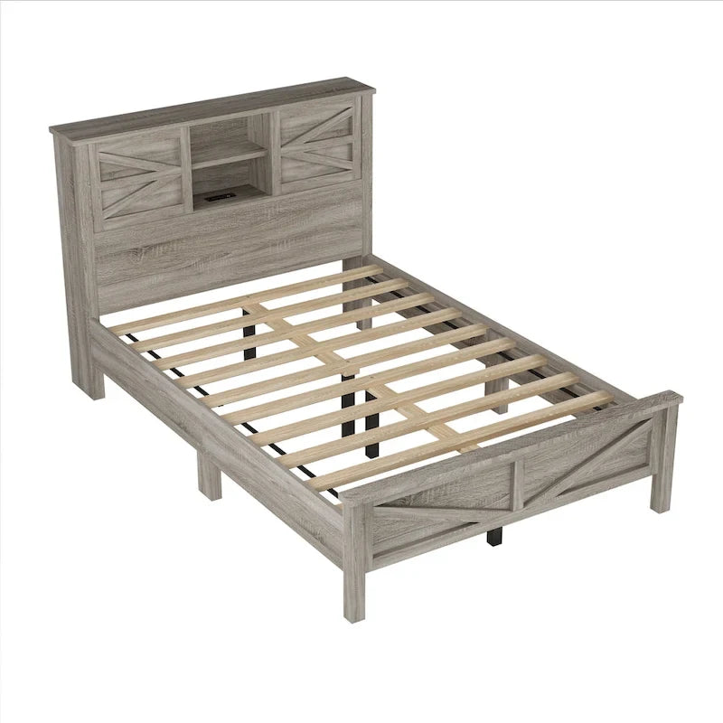 Farmhouse Platform Bed with Double Sliding Barn Door and Charging Station