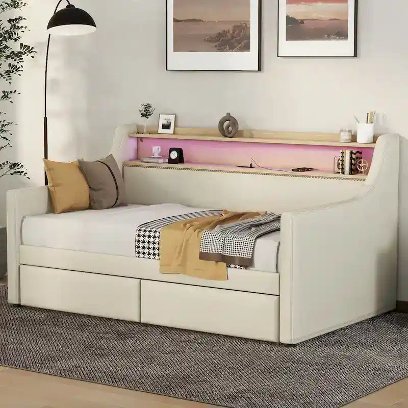 Twin Size Upholstered Daybed with Storage and LED