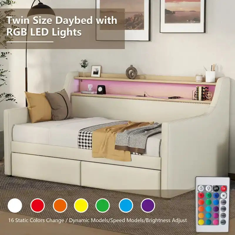 Twin Size Upholstered Daybed with Storage and LED