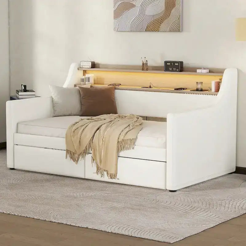Twin Size Upholstered Daybed with Storage and LED