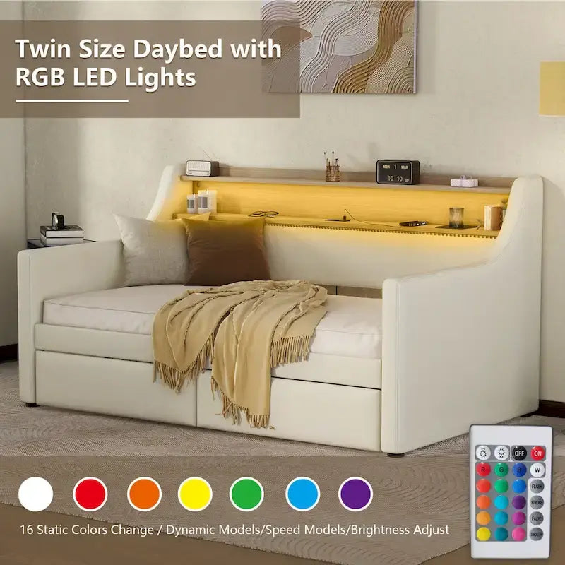 Twin Size Upholstered Daybed with Storage and LED