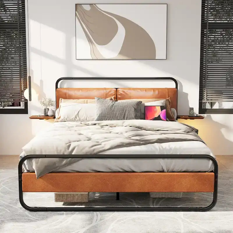 King Size Modern Metal Platform Bed with Upholstered Headboard and Charger