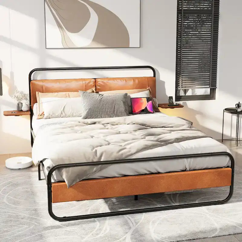 King Size Modern Metal Platform Bed with Upholstered Headboard and Charger