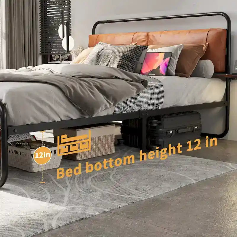 King Size Modern Metal Platform Bed with Upholstered Headboard and Charger