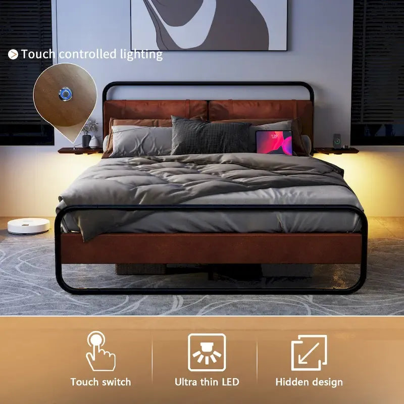 King Size Modern Metal Platform Bed with Upholstered Headboard and Charger