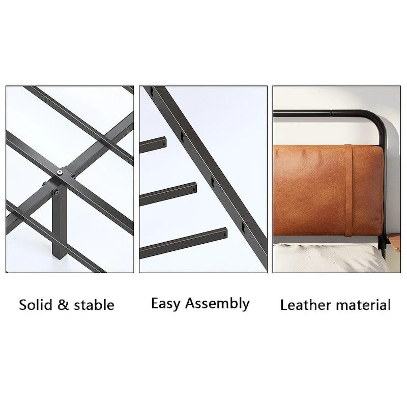 King Size Modern Metal Platform Bed with Upholstered Headboard and Charger