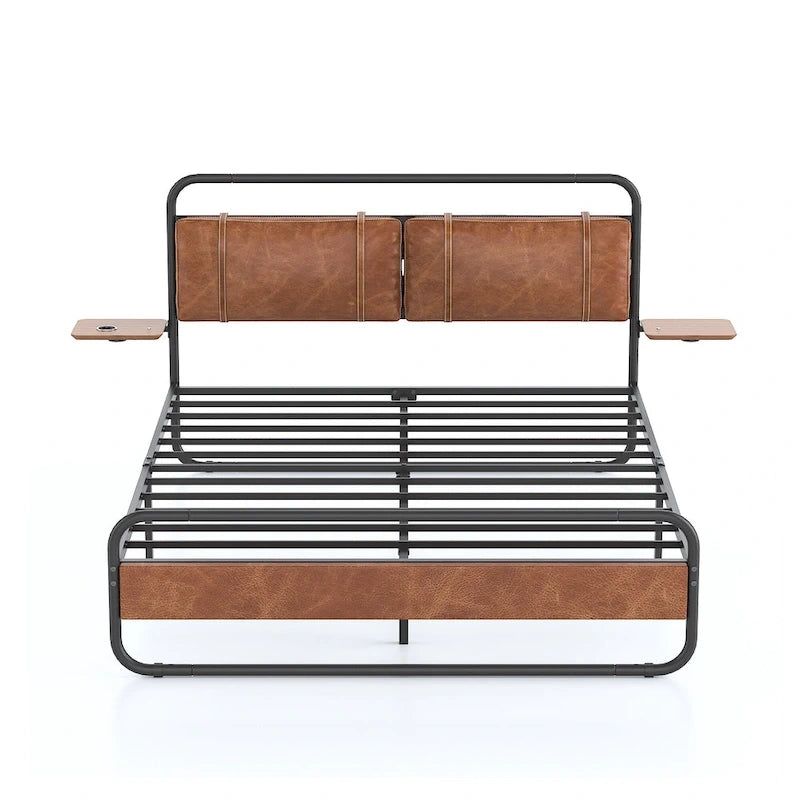 King Size Modern Metal Platform Bed with Upholstered Headboard and Charger