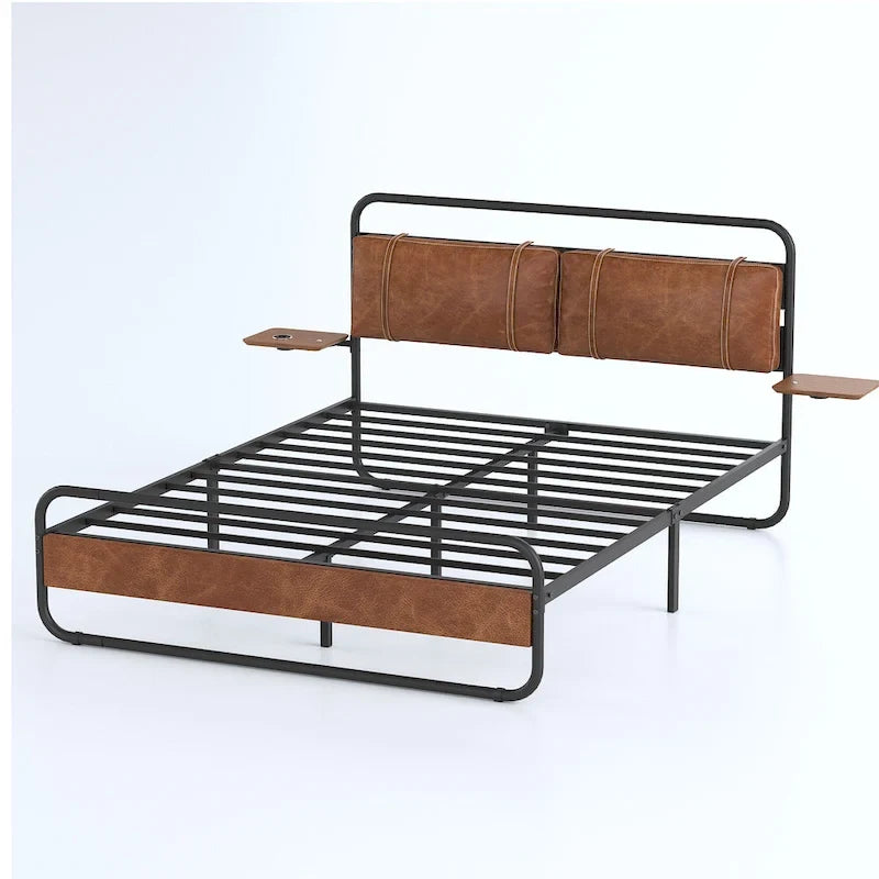 King Size Modern Metal Platform Bed with Upholstered Headboard and Charger