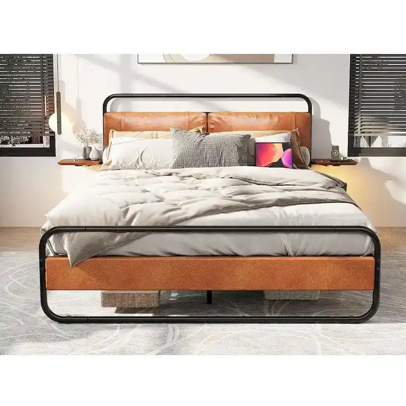 King Size Modern Metal Platform Bed with Upholstered Headboard and Charger