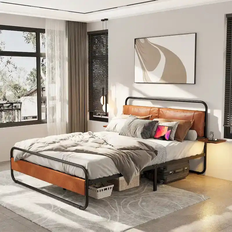 King Size Modern Metal Platform Bed with Upholstered Headboard and Charger