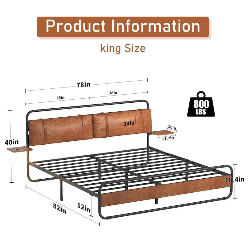 King Size Modern Metal Platform Bed with Upholstered Headboard and Charger