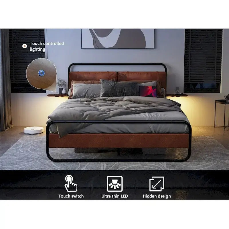 King Size Modern Metal Platform Bed with Upholstered Headboard and Charger