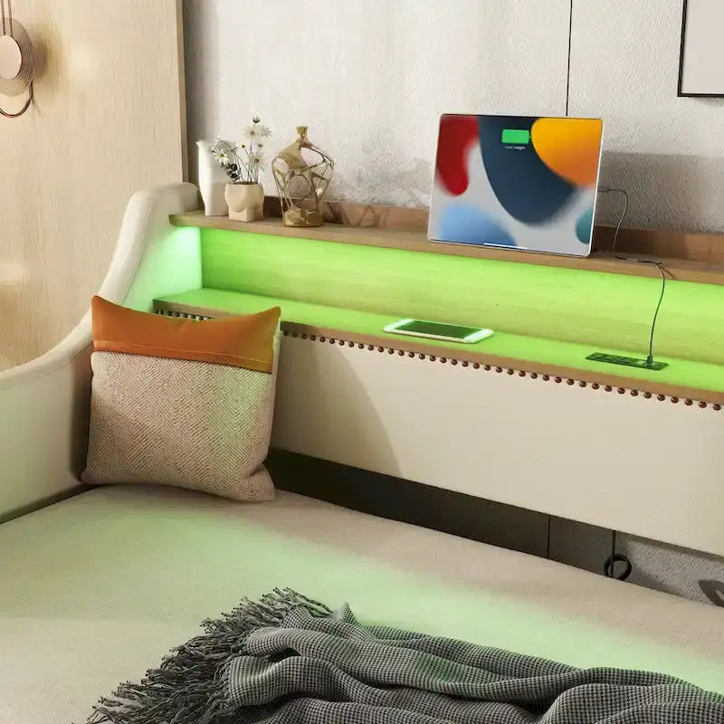 Twin Size Upholstered Daybed with Trundle and LED