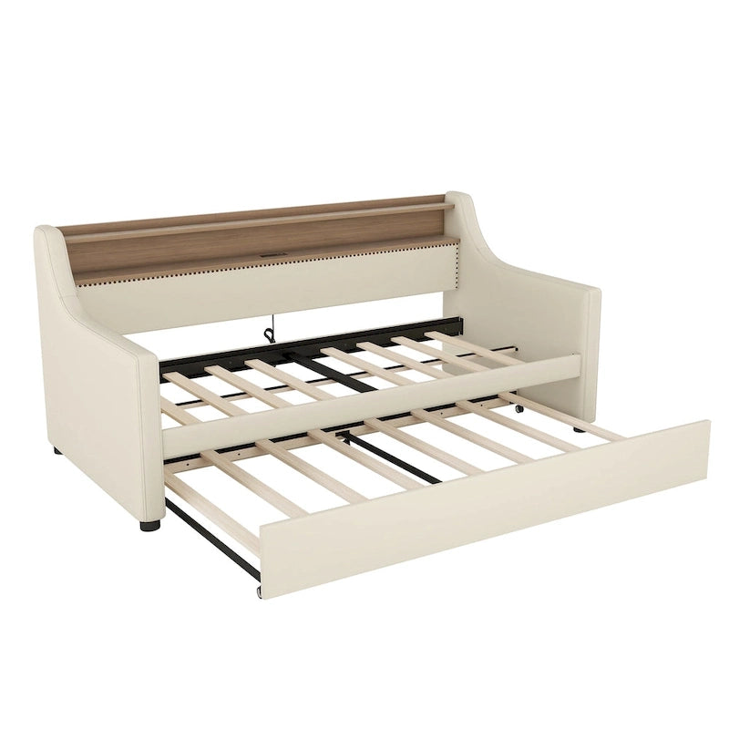 Twin Size Upholstered Daybed with Trundle and LED