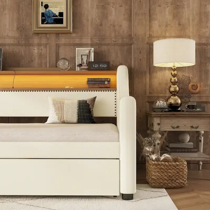 Twin Size Upholstered Daybed with Trundle and LED