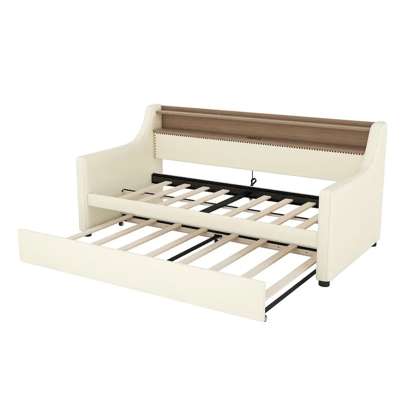 Twin Size Upholstered Daybed with Trundle and LED