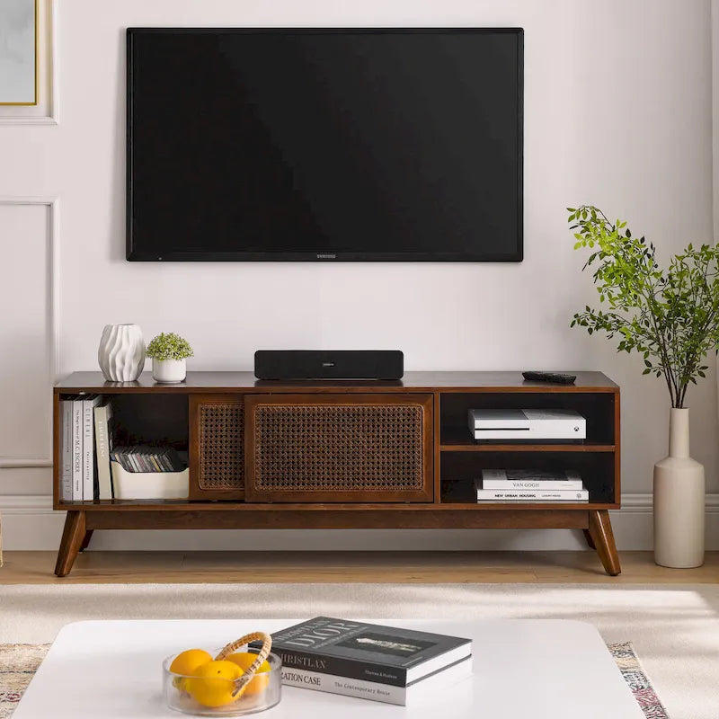 Walnut 59  TV Stand with Open Shelves and Rattan Cabinet Doors for TVs Up to 65