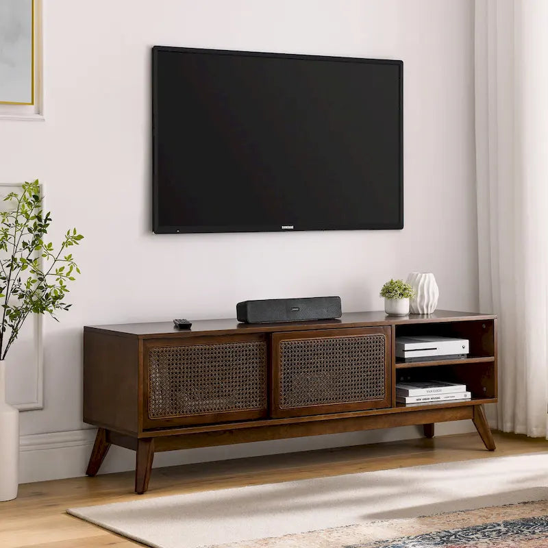 Walnut 59  TV Stand with Open Shelves and Rattan Cabinet Doors for TVs Up to 65