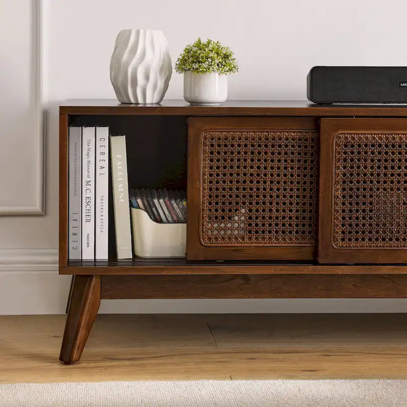 Walnut 59  TV Stand with Open Shelves and Rattan Cabinet Doors for TVs Up to 65