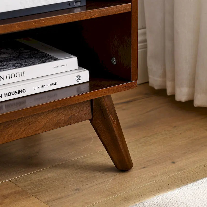Walnut 59  TV Stand with Open Shelves and Rattan Cabinet Doors for TVs Up to 65