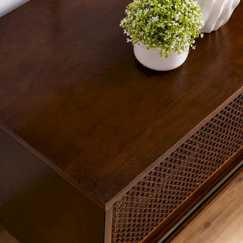 Walnut 59  TV Stand with Open Shelves and Rattan Cabinet Doors for TVs Up to 65