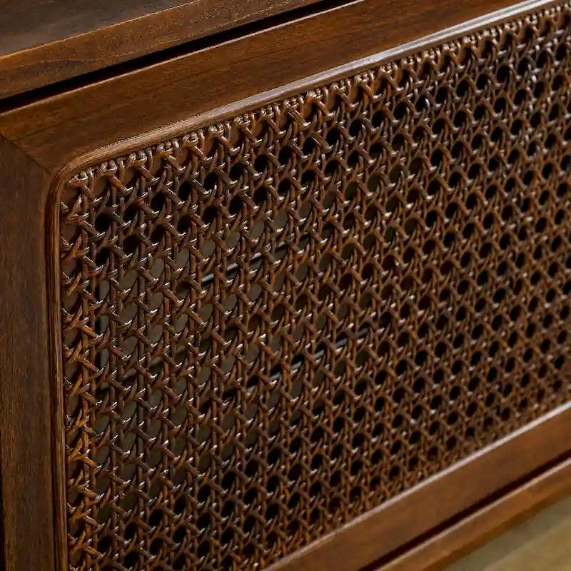Walnut 59  TV Stand with Open Shelves and Rattan Cabinet Doors for TVs Up to 65